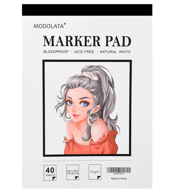 MODOLATA Marker Paper Sketchbook, Bleedproof Art Marker Pad, (8.27 X 11.69) Inch, White, 40 Sheets - Image 1